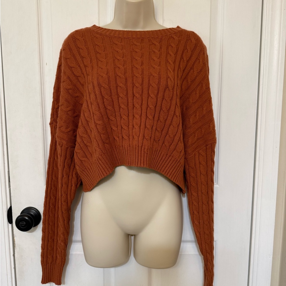 Altar’d State Rust Cable Knit Cropped Sweater Balloon Sleeve Cozy Boho Large - Picture 2 of 10